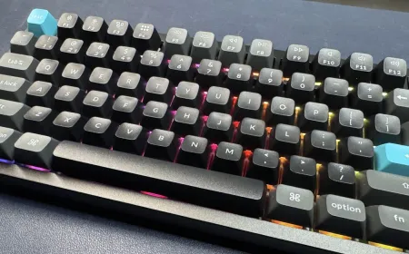 A mechanical keyboard layout displays switch architecture and gasket mounting for long-term usability assessment.