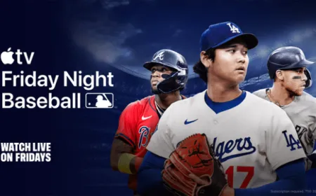 The graphic displays the July Friday Night Baseball schedule on the Apple TV application interface.
