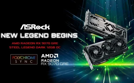 The ASRock Radeon RX 9070 GRE Steel Legend Dark 12GB OC graphics card features a dark finish and visible cooling fans.