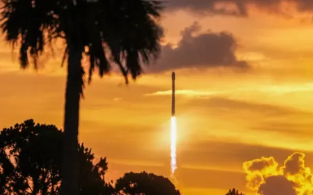 Blue Origin New Glenn rocket at the launch pad following a test failure
