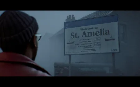Foggy Scottish island landscape viewed from a first-person perspective in Silent Hill Townfall