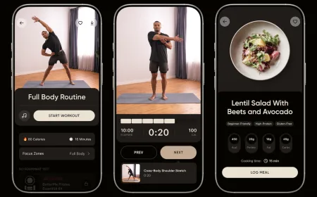BetterMe fitness app interface displaying workout tracking, nutrition planning, and mindfulness tools on a mobile screen.