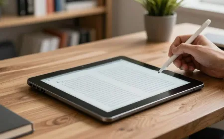 A remote worker uses a reflective e-ink tablet for distraction-free reading and note-taking.