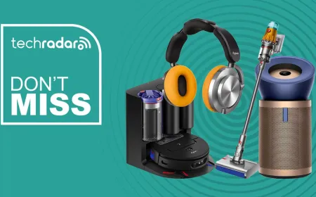 Dyson vacuum, hair styling tool, and air purifier displayed with promotional pricing tags for the EOFY 2026 sale period.