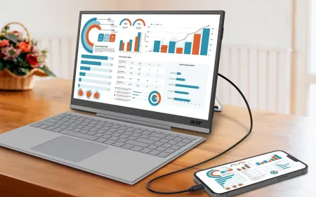 Acer PM1 portable USB-C monitor connected to a smartphone with an attached magnetic keyboard.