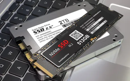 The photograph displays a modern solid state drive with a clearly visible circuit board and connection interface.