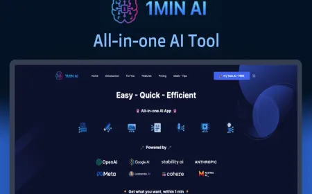 1min.AI dashboard interface showing integrated tools for writing, image generation, video editing, and PDF processing.