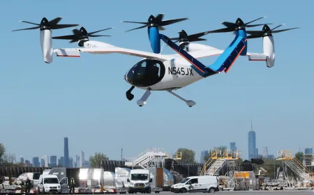 A Joby electric air taxi hovers over Manhattan during a public demonstration.