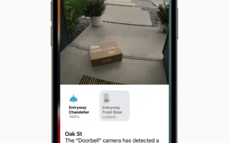 iPhone screen displaying HomeKit Secure Video interface with AI video summaries and camera settings