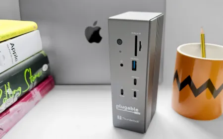 The compact aluminum Plugable TBT-UDH2 Thunderbolt 5 docking station features dual HDMI ports.