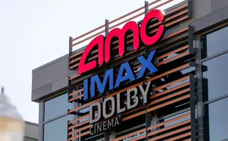 The display compares IMAX and Dolby Cinema theater screens, highlighting differences in curvature and projection technology.