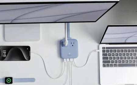 This compact travel power strip features two USB-C ports, two USB-A ports, and two AC outlets with a flat plug.
