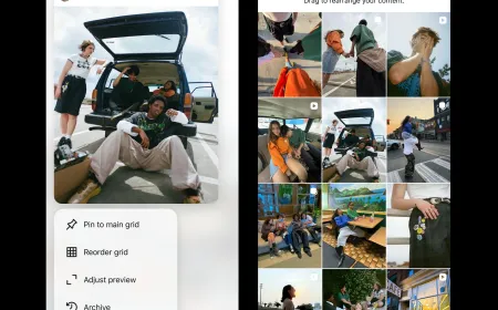 The updated interface allows users to drag and drop photos to rearrange their Instagram profile grid.