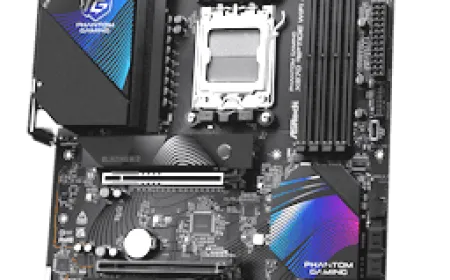 ASRock Phantom Gaming X870 Riptide Wi-Fi motherboard displays its component layout and rear I/O ports.