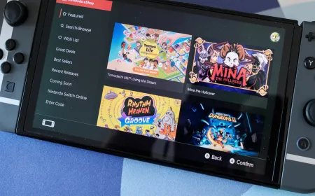 The updated Nintendo Switch eShop interface displays a system-synced dark mode layout and native application design.