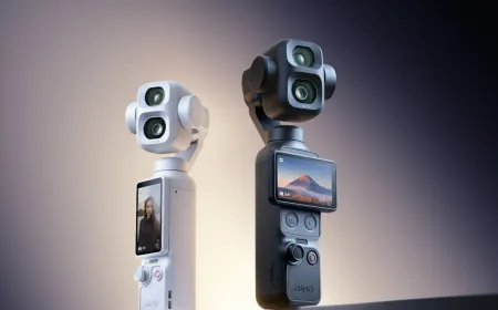 The DJI Osmo Pocket 4P compact gimbal camera features a dual-camera setup with a 1-inch sensor and a 60mm telephoto lens.