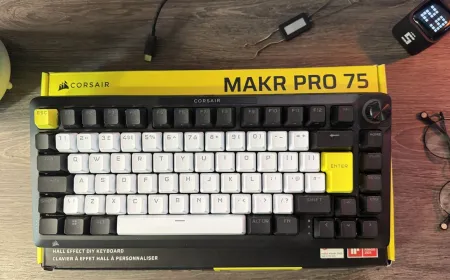The Corsair Makr Pro 75 keyboard features a dense aluminum chassis and magnetic hall-effect switches.