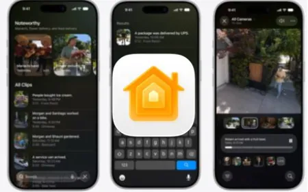 The Apple Home app interface displays AI-driven notification grouping and camera search features.