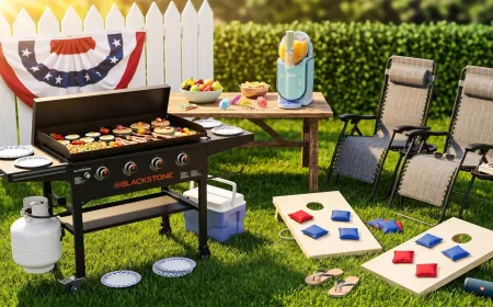 Retail displays feature discounted outdoor equipment and summer decorative merchandise.