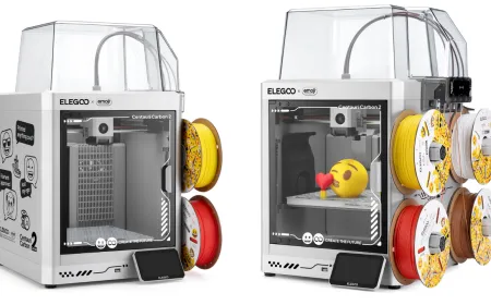 Elegoo Centauri Carbon 2 3D printer with silver chassis, transparent panels, and grinning emoji graphics