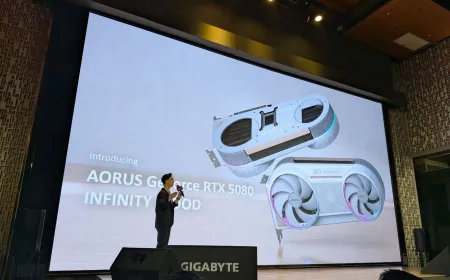 The Gigabyte RTX 5080 AORUS Infinity Wood graphics card appears with a matching motherboard and laptop featuring wood trim.
