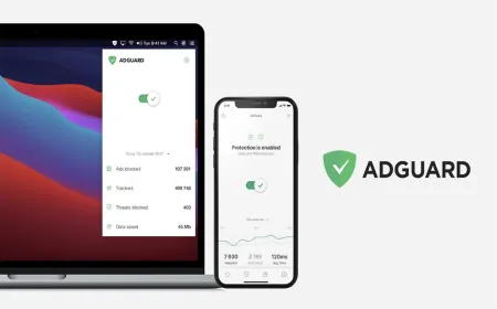 The AdGuard Family Plan interface displays lifetime subscription pricing and parental control settings for nine devices.