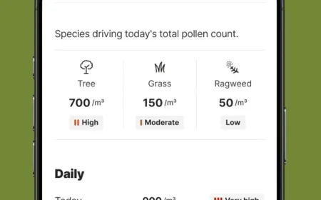 The Weather Channel app displays dynamic allergy forecasts with hyperlocal pollen counts and weather aggravator insights.
