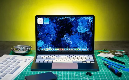 A MacBook Neo laptop displays removable color panels and modular internal components arranged for user assembly.