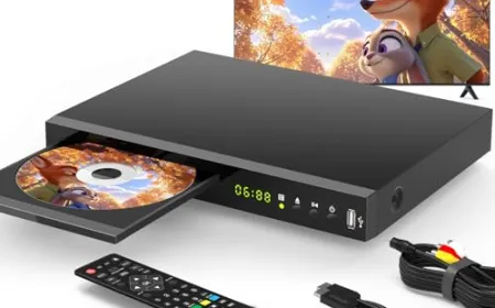 A modern Blu-ray player sits on a media console with HDMI cables linking it to a television and audio receiver.