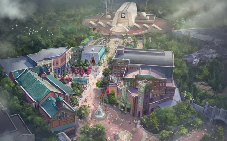 Construction work at the Monstropolis site in Disney Hollywood Studios reveals new themed structures and landscaping.