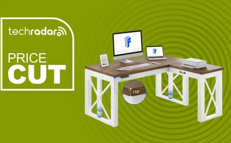 The FlexiSpot L-shaped standing desk features a farmhouse wood finish and electric height adjustment.