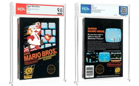 A sealed Super Mario Bros. NES cartridge graded PSA 9.6 A++ retains its original 1986 glossy sticker seal.