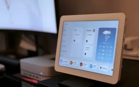 The Amazon Echo Hub touchscreen displays the updated dashboard with device controls and camera feeds.