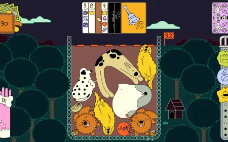 Gameplay screenshot featuring canine characters and card mechanics in the Dogpile roguelite deckbuilder