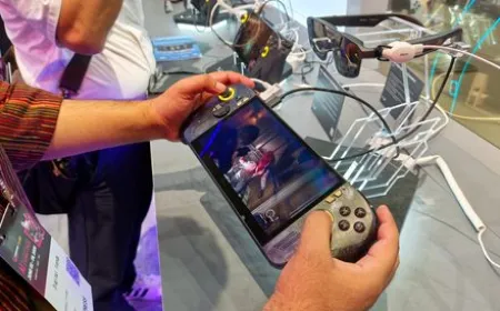 ASUS ROG Xbox Ally X20 handheld console with OLED display and AR glasses projecting a large virtual screen.