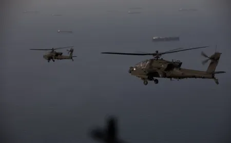 Iranian Shahed drone and US Army Apache helicopter during aerial engagement near the Strait of Hormuz.