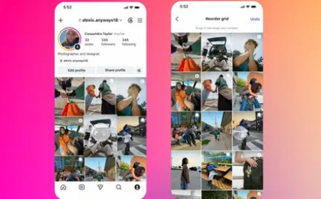 The mobile interface displays the Instagram profile grid with draggable posts for manual reordering.