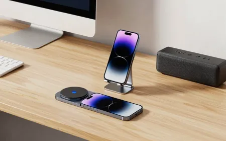 Organized desk workspace featuring a smartphone on a stand with neatly arranged charging cables and minimal accessories.