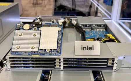 A Gigabyte chassis contains forty Intel Lunar Lake processing modules arranged in a compact pizza box form factor.