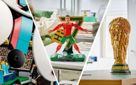 A LEGO World Cup set displays a detailed mini stadium, player figures, and a replica trophy on a baseplate.