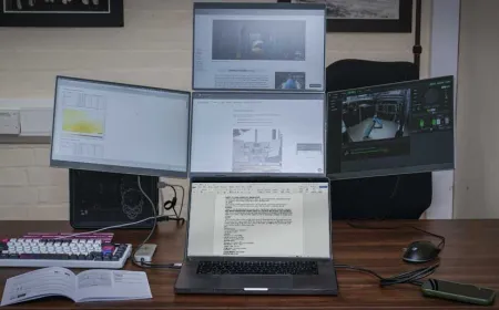 The Lepow 16-inch quad monitor displays four connected panels alongside its carrying case.