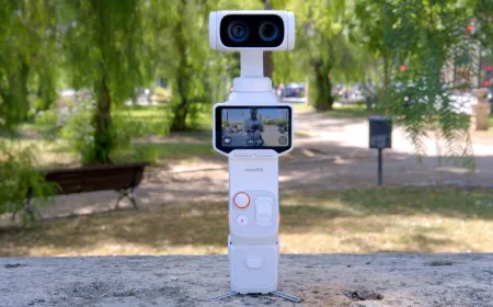 Insta360 Luna Ultra handheld gimbal camera with dual lenses and a detachable wireless display