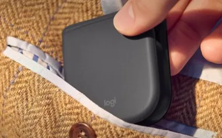 The Logitech Mobi Fold mouse is displayed in folded and extended positions to illustrate its compact design.