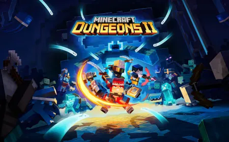 Minecraft Dungeons II promotional artwork displays blocky characters navigating a dark dungeon environment.