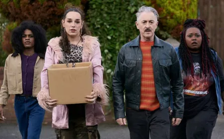 Two neighbors face each other on a Manchester street, illustrating escalating tensions in the Channel 4 series Tip Toe.