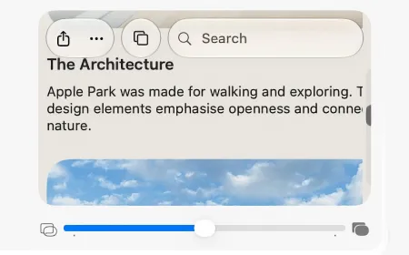 The interface screenshot displays the new transparency slider and standardized window corners in the latest Apple update.