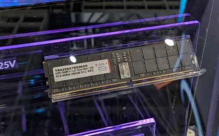 The V-Color Xfinity+ OLED Manta memory module shows real-time telemetry on its integrated display at Computex 2026.