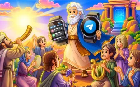 The smartwatch screen displays the Telegram app interface with chat and voice note options.