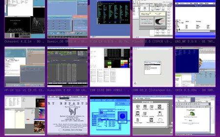 The Virtual OS Museum Archive interface displays a catalog of preserved operating systems and emulation tools.