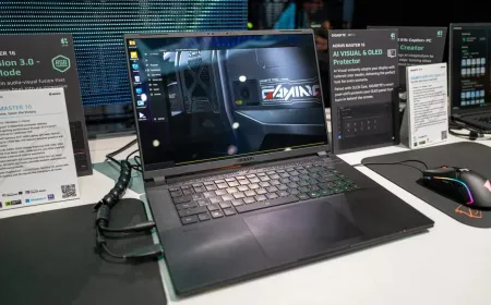 Gigabyte Aorus Master 16 laptop features a Ryzen 9 9955HX3D processor and an RTX 5090 graphics card in a slim chassis.